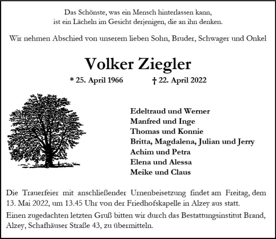 Traueranzeige von Volker Ziegler von vrm-trauer Allgemeine Zeitung Alzey