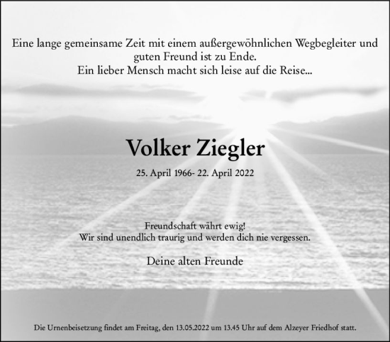 Traueranzeige von Volker Ziegler von vrm-trauer Allgemeine Zeitung Alzey