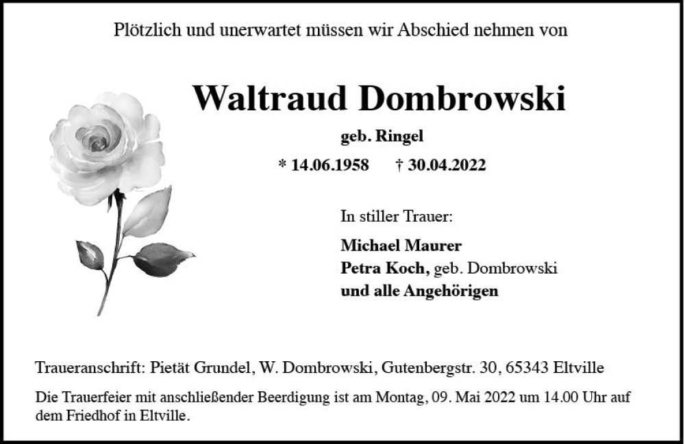  Traueranzeige für Waltraud Dombrowski vom 05.05.2022 aus vrm-trauer Rheingau