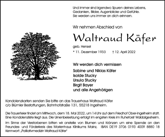 Traueranzeige von Waltraud Käfer von vrm-trauer Allgemeine  Zeitung Ingelheim-Bingen