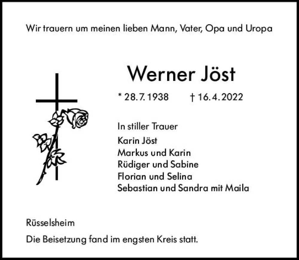  Traueranzeige für Werner Jöst vom 07.05.2022 aus vrm-trauer Rüsselsheimer Echo / MainSpitze