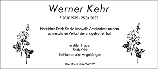 Traueranzeige von Werner Kehr von vrm-trauer Darmstädter Echo
