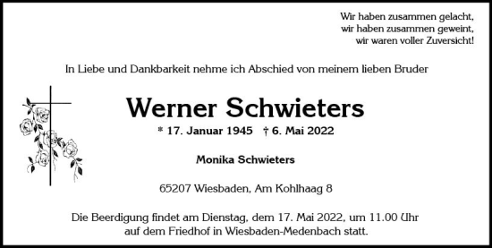 Traueranzeige von Werner Schwieters von vrm-trauer Wiesbadener Kurier