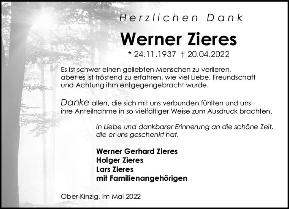  Traueranzeige für Werner Zieres vom 28.05.2022 aus vrm-trauer Odenwälder Echo