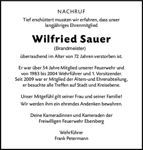 Traueranzeige von Wilfried Sauer von vrm-trauer Odenwälder Echo