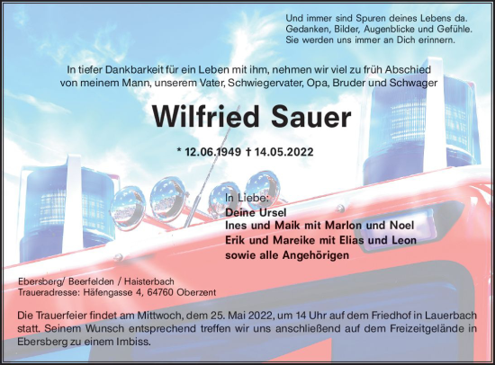 Traueranzeige von Wilfried Sauer von vrm-trauer Odenwälder Echo