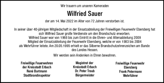 Traueranzeige von Wilfried Sauer von vrm-trauer Odenwälder Echo