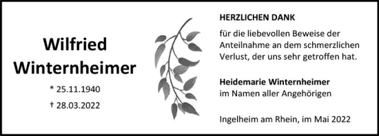 Traueranzeige von Wilfried Winternheimer von vrm-trauer Allgemeine  Zeitung Ingelheim-Bingen
