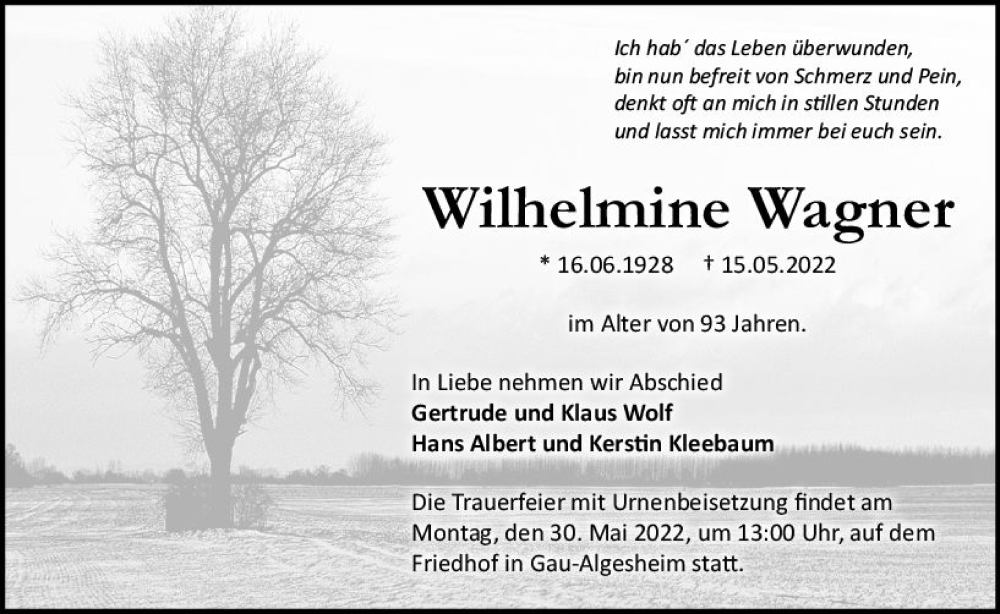  Traueranzeige für Wilhelmine Wagner vom 21.05.2022 aus vrm-trauer Allgemeine  Zeitung Ingelheim-Bingen