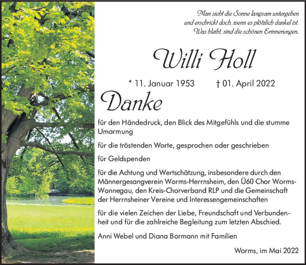  Traueranzeige für Willi Holl vom 07.05.2022 aus vrm-trauer Wormser Zeitung