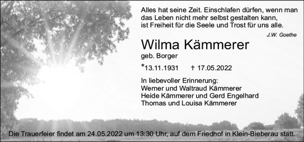  Traueranzeige für Wilma Kämmerer vom 21.05.2022 aus vrm-trauer Bergsträßer Anzeiger