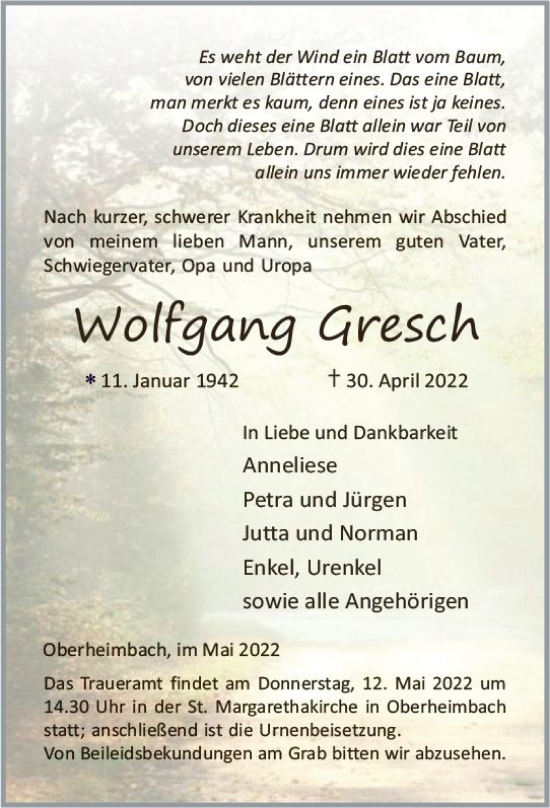 Traueranzeige von Wolfgang Gresch von vrm-trauer Allgemeine  Zeitung Ingelheim-Bingen