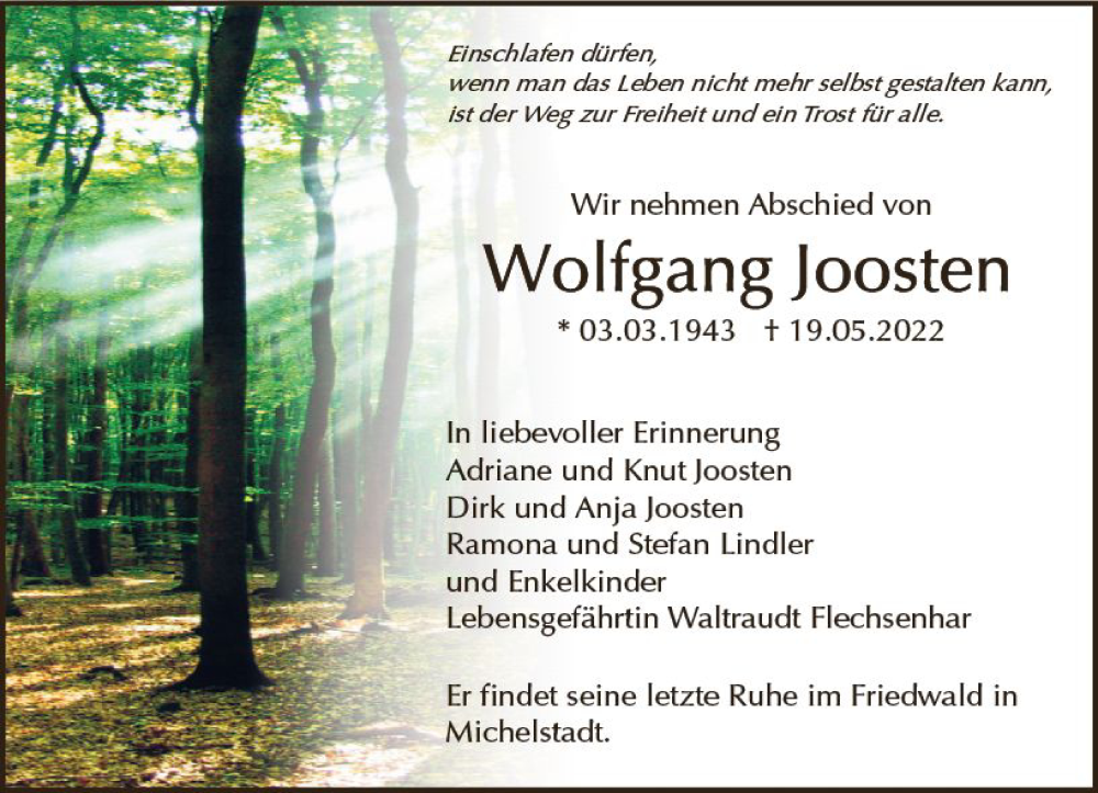 Traueranzeige für Wolfgang Joosten vom 28.05.2022 aus vrm-trauer Odenwälder Echo