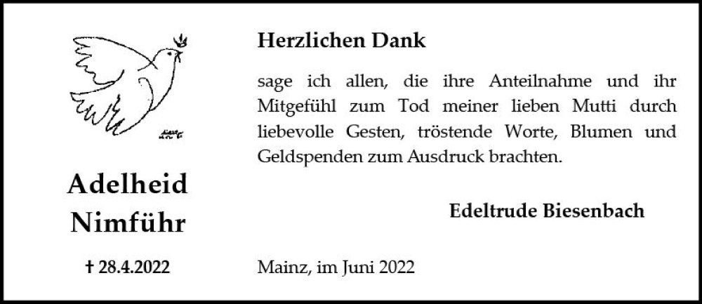  Traueranzeige für Adelheid Nimführ vom 04.06.2022 aus vrm-trauer AZ Mainz