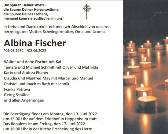 Traueranzeige von Albina Fischer von vrm-trauer Bürstädter/Lamperth. Ztg/Starkenburger