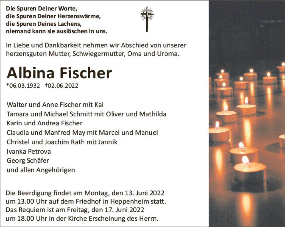  Traueranzeige für Albina Fischer vom 09.06.2022 aus vrm-trauer Bürstädter/Lamperth. Ztg/Starkenburger