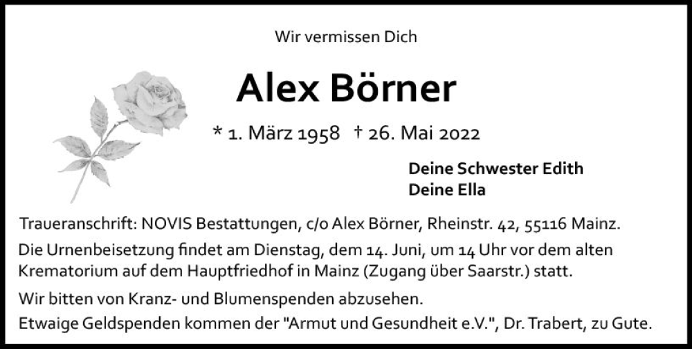  Traueranzeige für Alex Börner vom 04.06.2022 aus vrm-trauer AZ Mainz