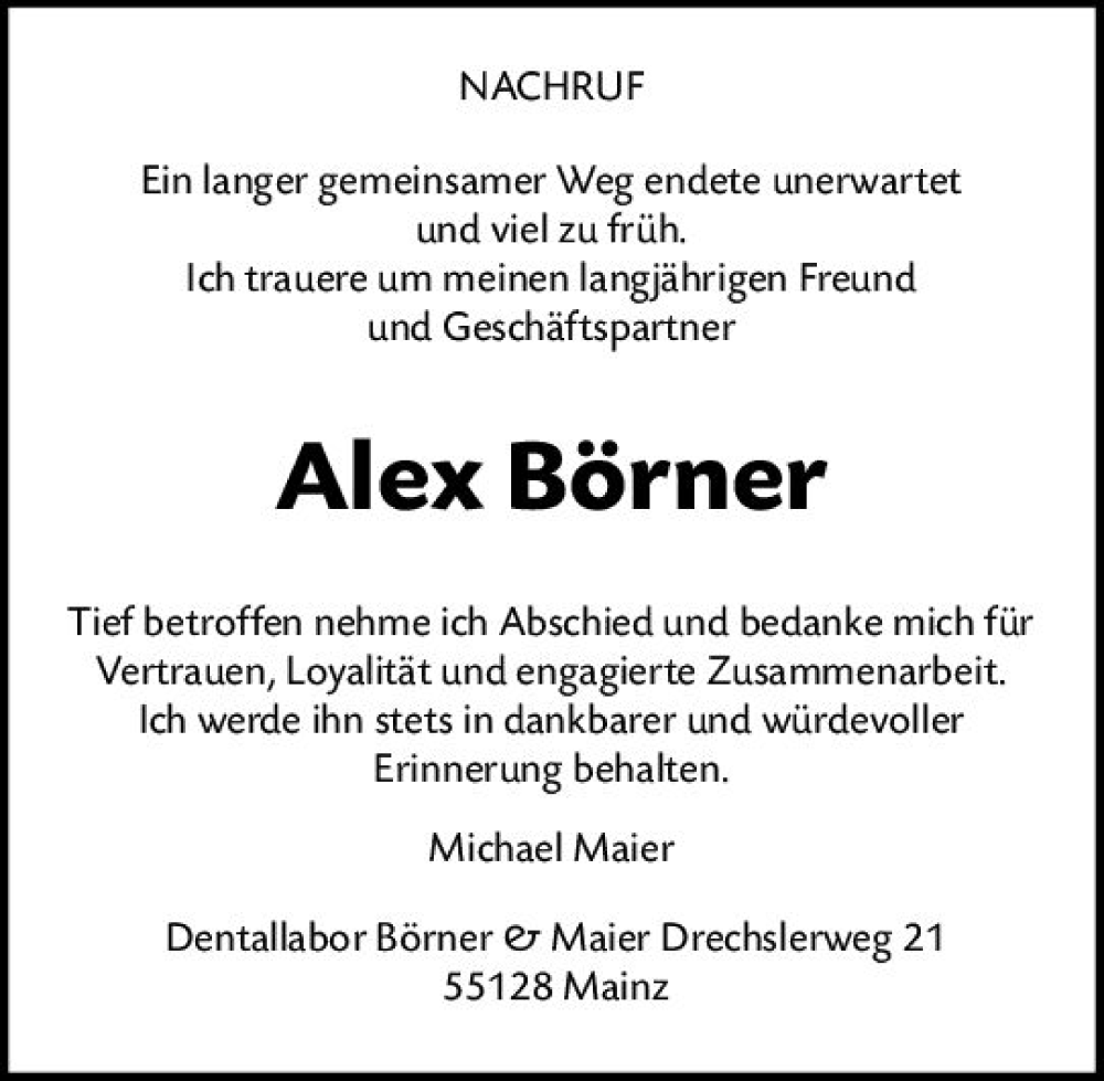  Traueranzeige für Alex Börner vom 04.06.2022 aus vrm-trauer AZ Mainz