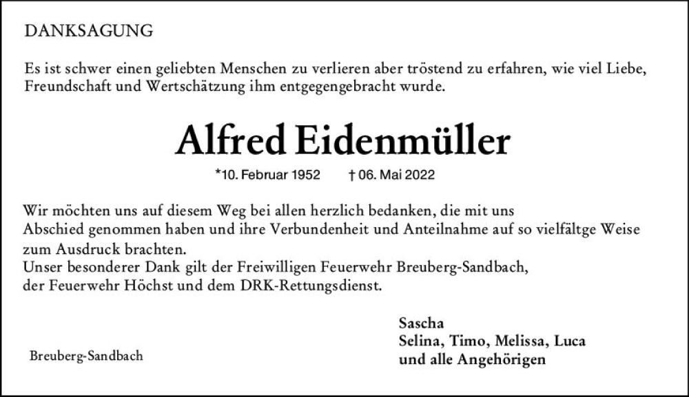  Traueranzeige für Alfred Eidenmüller vom 04.06.2022 aus vrm-trauer Odenwälder Echo