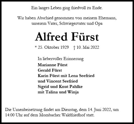 Traueranzeige von Alfred Fürst von vrm-trauer AZ Mainz