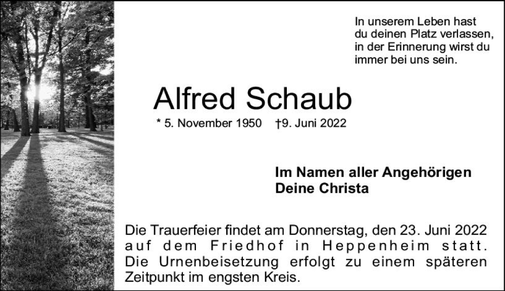  Traueranzeige für Alfred Schaub vom 18.06.2022 aus vrm-trauer Bürstädter/Lamperth. Ztg/Starkenburger