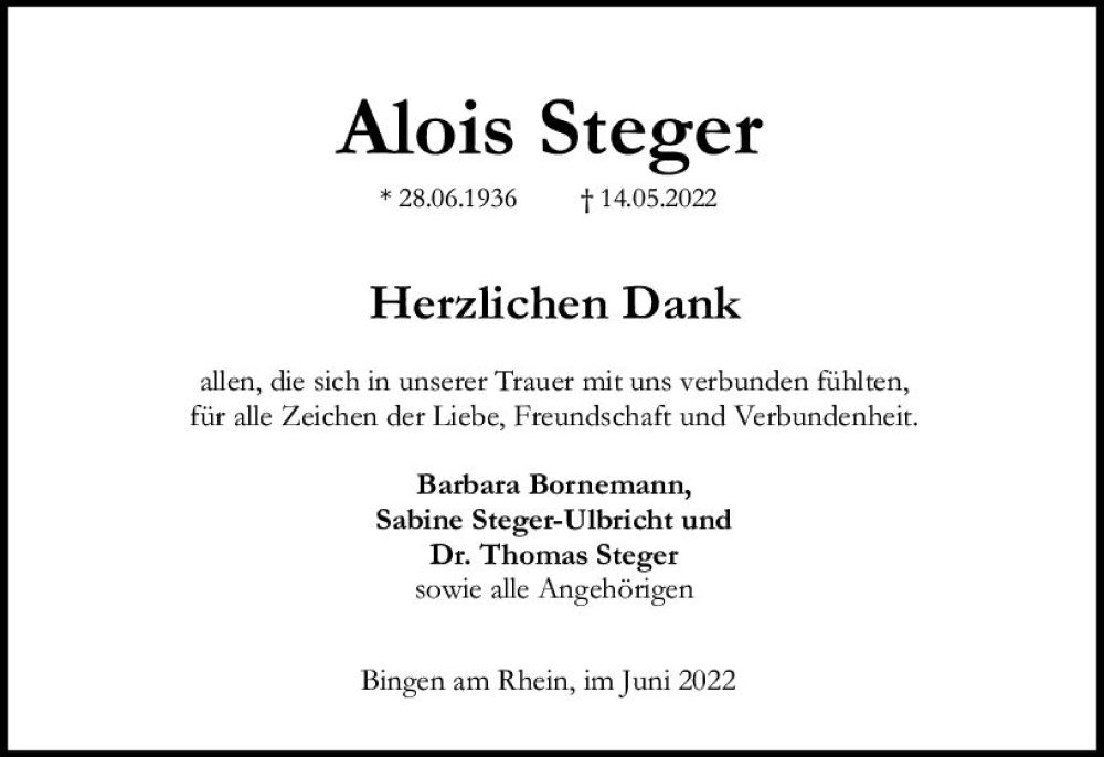  Traueranzeige für Alois Steger vom 11.06.2022 aus vrm-trauer Allgemeine  Zeitung Ingelheim-Bingen