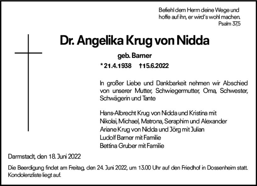  Traueranzeige für Angelika Krug von Nidda vom 18.06.2022 aus vrm-trauer Darmstädter Echo