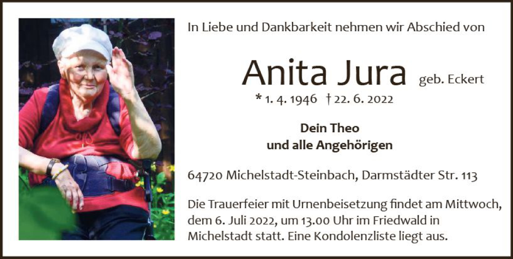  Traueranzeige für Anita Jura vom 25.06.2022 aus vrm-trauer Odenwälder Echo