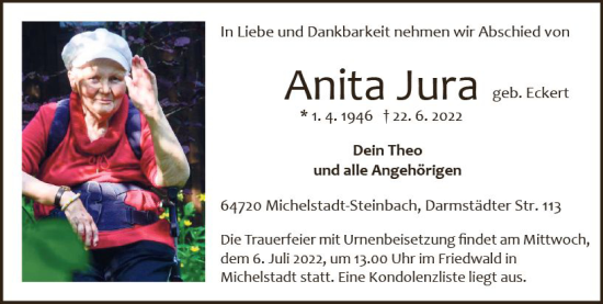 Traueranzeige von Anita Jura von vrm-trauer Odenwälder Echo