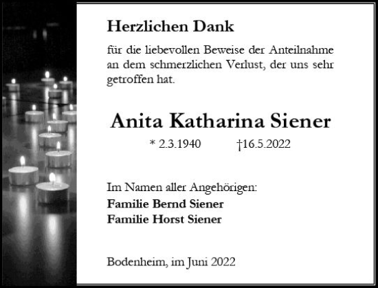 Traueranzeige von Anita Katharina Siener von vrm-trauer AZ Mainz