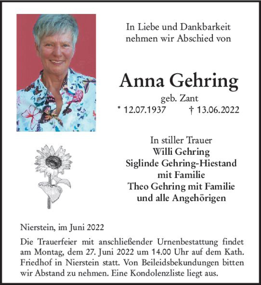  Traueranzeige für Anna Gehring vom 25.06.2022 aus vrm-trauer AZ Mainz