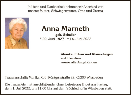 Traueranzeige von Anna Marneth von vrm-trauer Wiesbadener Kurier