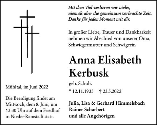 Traueranzeige von Anna Elisabeth Kerbusk von vrm-trauer Darmstädter Echo