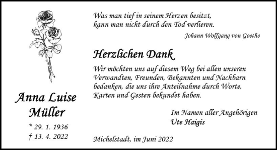 Traueranzeige von Anna Luise Müller von vrm-trauer Odenwälder Echo