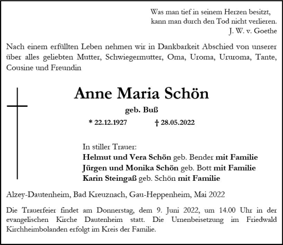 Traueranzeige von Anne Maria Schön von vrm-trauer Allgemeine Zeitung Alzey