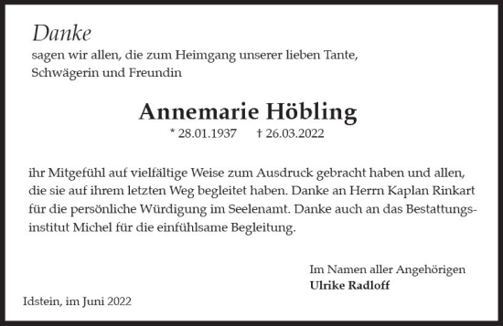 Traueranzeige von Annemarie Höbling von vrm-trauer Idsteiner Zeitung