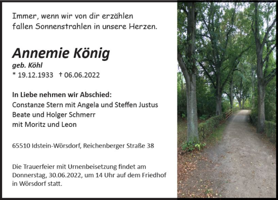 Traueranzeige von Annemie König von vrm-trauer Idsteiner Zeitung