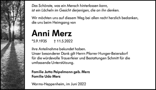 Traueranzeige von Anni Merz von vrm-trauer Wormser Zeitung