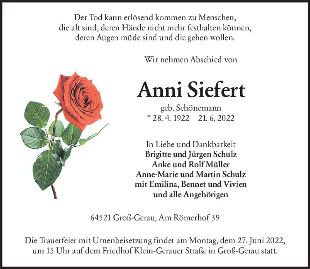  Traueranzeige für Anni Siefert vom 25.06.2022 aus vrm-trauer Groß-Gerauer Echo