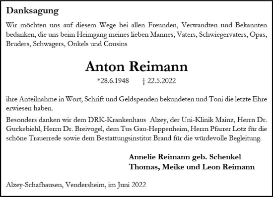 Traueranzeige von Anton Reimann von vrm-trauer Allgemeine Zeitung Alzey
