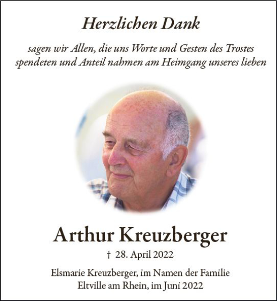 Traueranzeige von Arthur Kreuzberger von vrm-trauer Rheingau