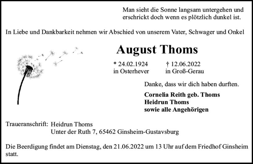  Traueranzeige für August Thoms vom 18.06.2022 aus vrm-trauer AZ Mainz