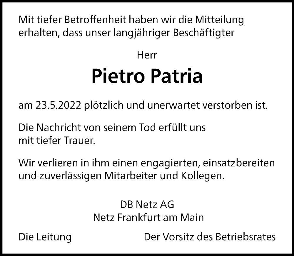 Traueranzeige für Pietro Patria vom 08.06.2022 aus vrm-trauer AZ Mainz