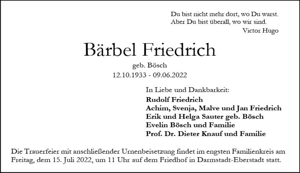  Traueranzeige für Bärbel Friedrich vom 25.06.2022 aus vrm-trauer Darmstädter Echo