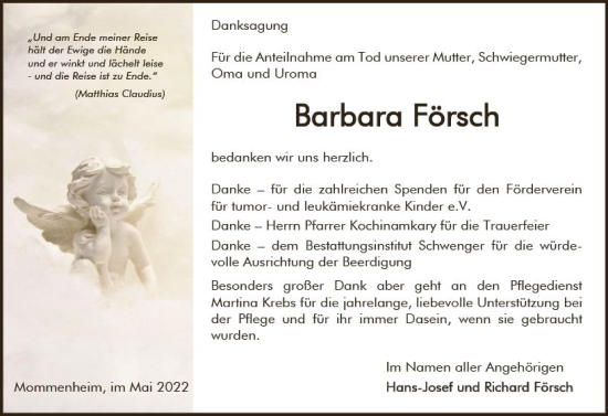 Traueranzeige von Barbara Försch von vrm-trauer AZ Mainz