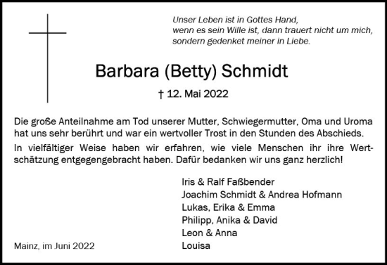 Traueranzeige von Barbara Schmidt von vrm-trauer AZ Mainz
