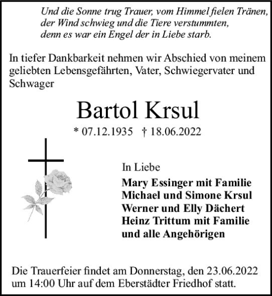 Traueranzeige von Bartol Krsul von vrm-trauer Darmstädter Echo