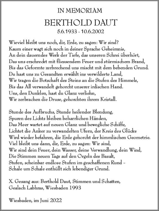 Traueranzeige von Berthold Daut von vrm-trauer Wiesbadener Kurier