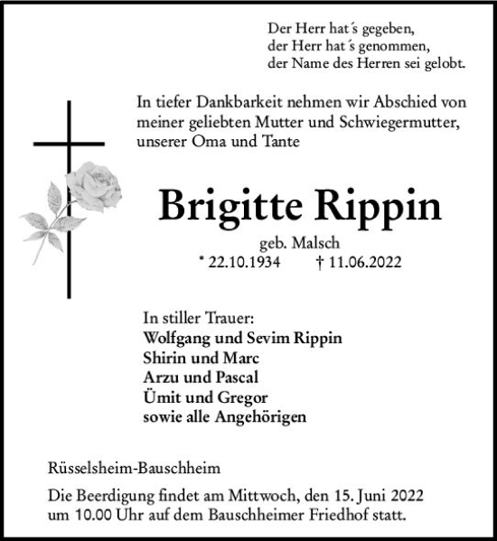 Traueranzeige von Brigitte Rippin von vrm-trauer Rüsselsheimer Echo / MainSpitze