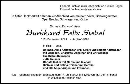 Traueranzeige von Burkhard Felix Siebel von vrm-trauer Wiesbadener Kurier